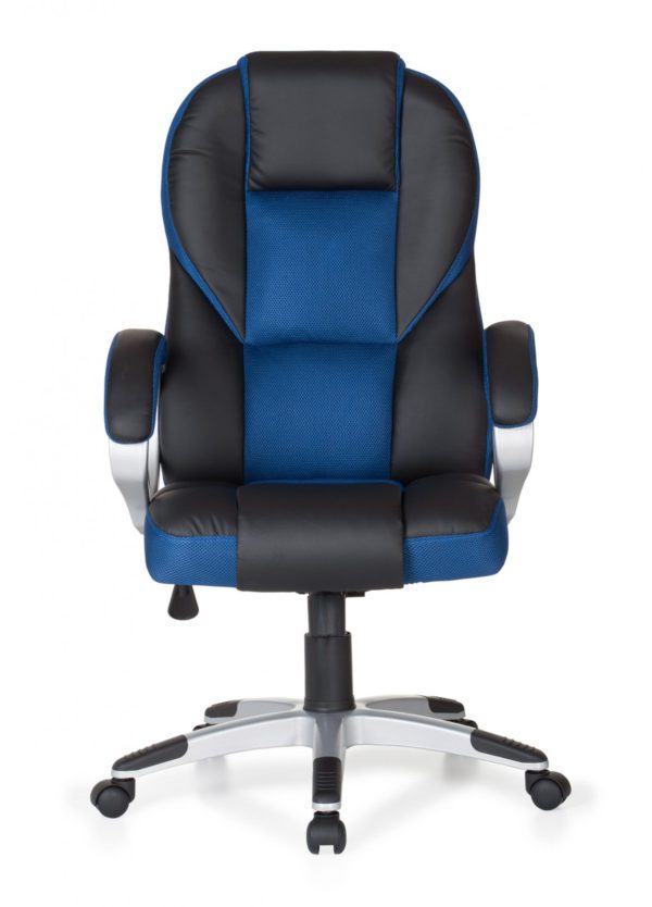 Buerostuhl Blau Gaming Chefsessel mit Armlehne Sportsitz Drehstuhl Kopfstuetze Racing Schreibtischstuhl Gamer Design Modern Drehsessel mit Wippfunktion bis 120KG