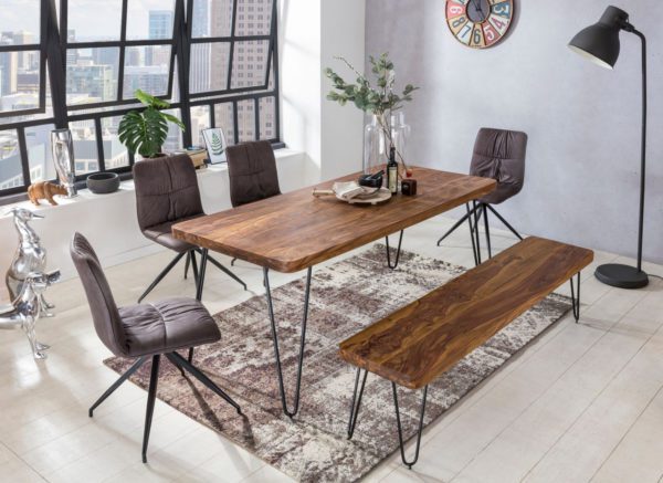 Esstisch BAGLI Massivholz Sheesham 200 x 80 x 76 cm Esszimmer-Tisch Kuechentisch modern Landhaus-Stil Holztisch mit Metallbeinen dunkel-braun Natur-Produkt Massivholzmoebel