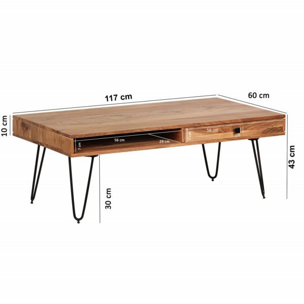 Couchtisch BAGLI Massiv-Holz Akazie 110 cm breit Wohnzimmer-Tisch Design Metallbeine Landhaus-Stil Beistelltisch