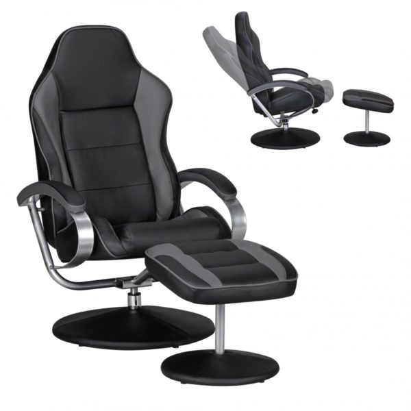 Fernsehsessel Design TV Relax-Sessel Racing Bezug Kunstleder schwarz / grau drehbar mit Hocke