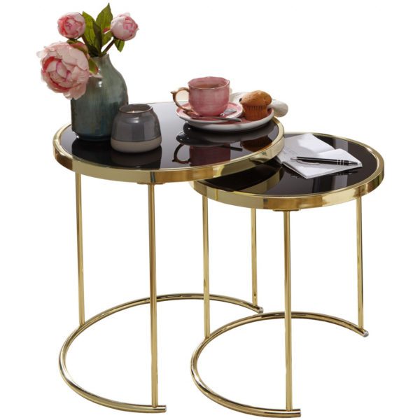 Design Satztisch COMO Schwarz/Gold Beistelltisch Metall/Glas