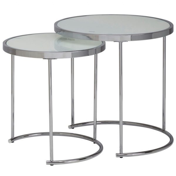 Design Beistelltisch Rund Ã˜ 50/42 cm - 2 teilig Weiss Silber mit Glasplatte