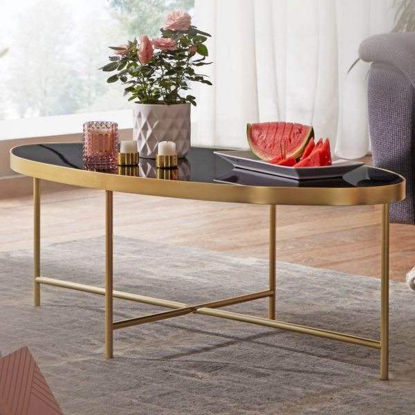 Design Couchtisch Glas Schwarz - Oval 110 x 56 cm mit Gold Metallgestell