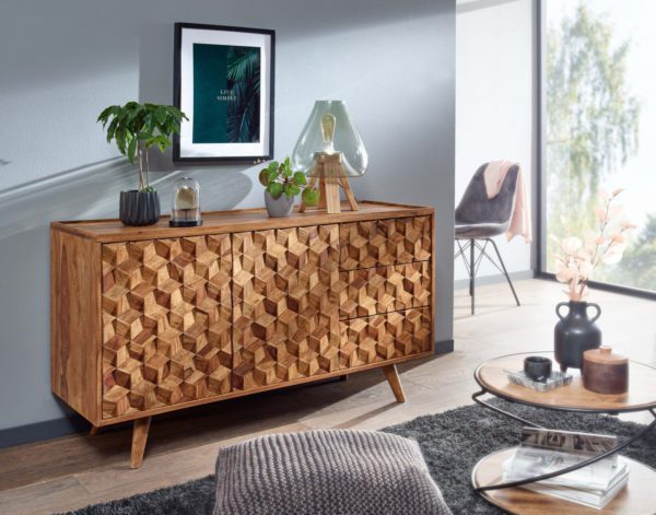 Sideboard 138x59x45 cm Sheesham Massivholz Anrichte mit Tueren & Schubladen