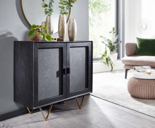 Sideboard 80x75x35 cm Mango Massivholz / Stein Anrichte Schwarz