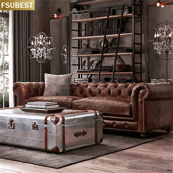 Amerikanischen Moderne Chesterfield-Stil Wohnzimmer Vintage Retro Tufted Sofa Möbel Schaltfläche Getuftet Leder Chesterfield-Sofa – Bild 3