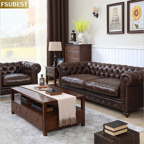 Amerikanischen Moderne Chesterfield-Stil Wohnzimmer Vintage Retro Tufted Sofa Möbel Schaltfläche Getuftet Leder Chesterfield-Sofa – Bild 4