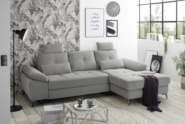 BlackRedWhite Auckland Ecksofa mit Schlaffunktion & Bettkasten Thor 10 Grey Luxus-Webstoff Flachgewebe