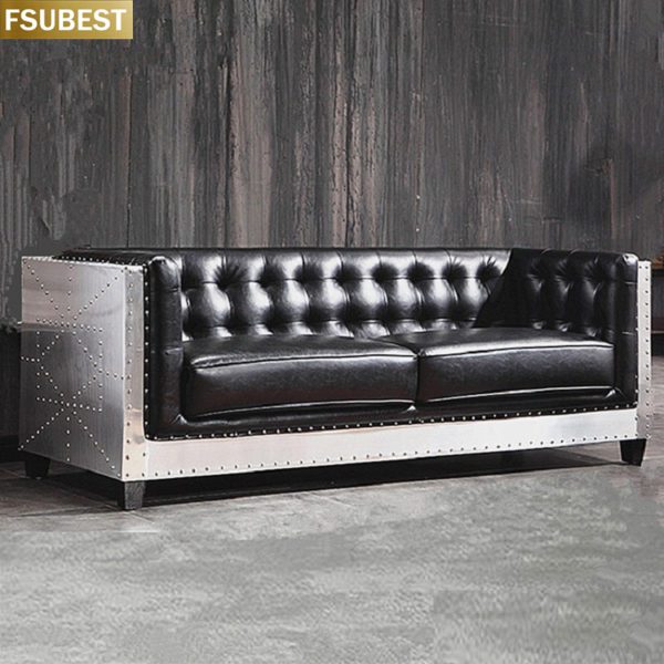 Europäischen Vintage Klassische Industrielle Hohe Qualität Industriellen Stil 2 Sitzer Leder Sofa Aluminium Rahmen Bar Leder Sofa – Bild 2