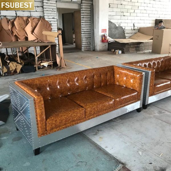 Europäischen Vintage Klassische Industrielle Hohe Qualität Industriellen Stil 2 Sitzer Leder Sofa Aluminium Rahmen Bar Leder Sofa – Bild 5