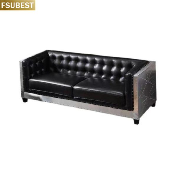 Europäischen Vintage Klassische Industrielle Hohe Qualität Industriellen Stil 2 Sitzer Leder Sofa Aluminium Rahmen Bar Leder Sofa – Bild 6