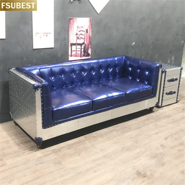 Europäischen Vintage Klassische Industrielle Hohe Qualität Industriellen Stil 2 Sitzer Leder Sofa Aluminium Rahmen Bar Leder Sofa