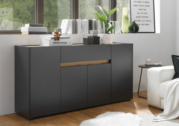 Sideboard 170x87 cm Eiche Anthrazit 4-tuerig + Doppelschubkasten BOSTON