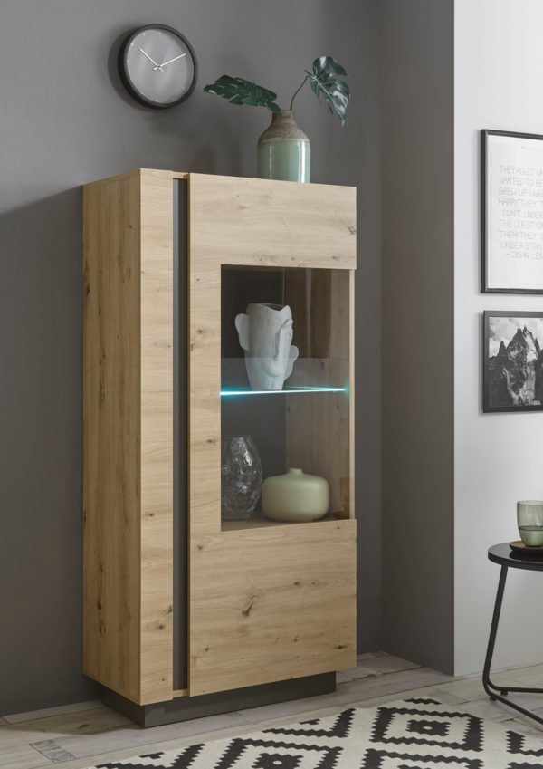 Vitrine 1-tuerig 72x154 cm Eiche Graphit CORATO + BELEUCHTUNG