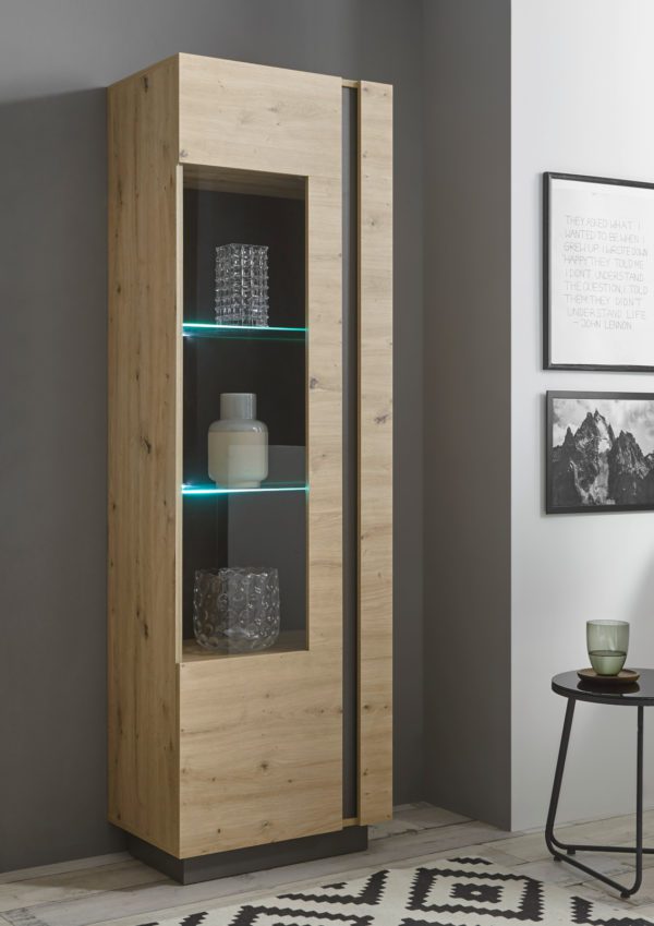 Vitrine 1-tuerig 60x194 cm Eiche Graphit CORATO + BELEUCHTUNG