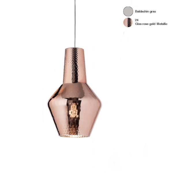 Federico de Majo Romeo Haengelampe 1-flg. E27 grau mit 5000mm Kabel Glas roseÂ´gold Metallic