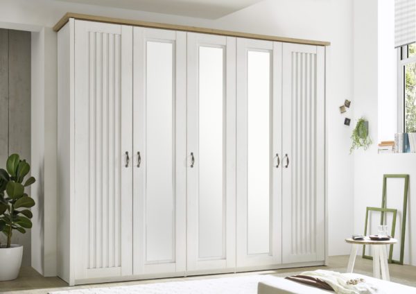 Kleiderschrank 5-tuerig 265 cm Pinie weiss Eiche Trentino