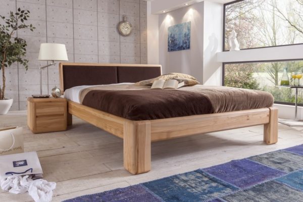 Doppelbett 160x200 cm Kernbuche massiv mit Polsterkopfteil braun Verona