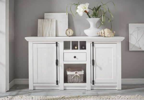 Sideboard 152x83 cm 2-tuerig mit Flascheneinteilung weiss Pinie WALES