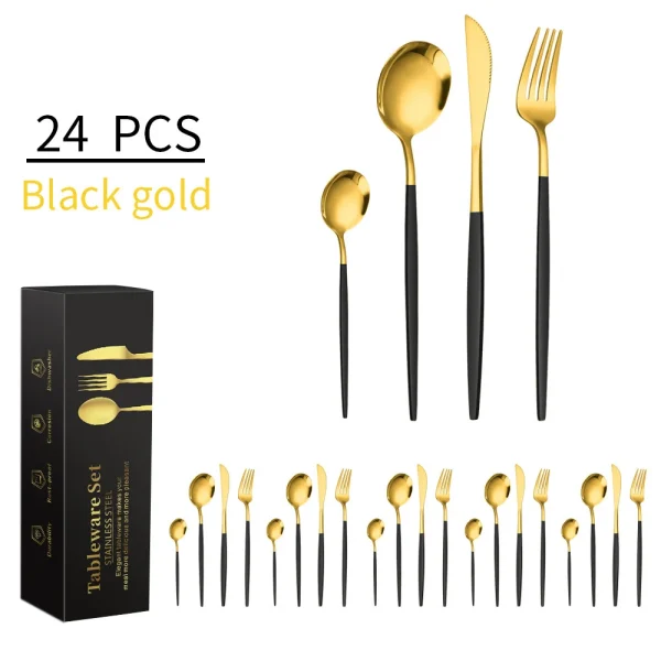 24 Stück Western Messer Gabel Löffel goldenes Geschirr Edelstahl europäisches Steak Messer Gabel Löffel Küchen besteck Set – Bild 2