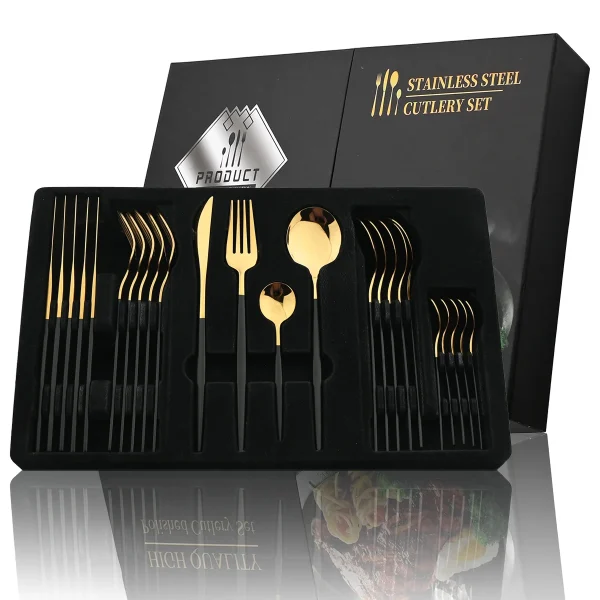 24Pcs Schwarz Griff Goldenen Besteck Set Edelstahl Messer Gabel Löffel Geschirr Besteck Set Festival Küche Geschirr Geschenk