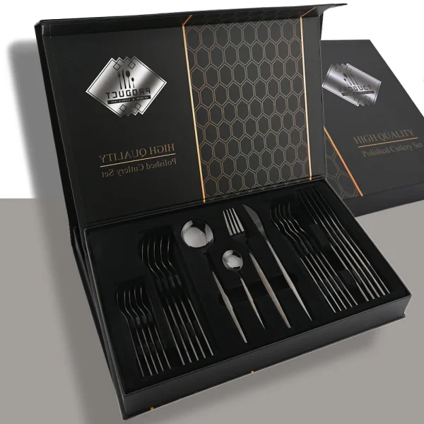 Drmfiy 24P Besteck Edelstahl Set Messer Gabel Löffel Besteck Schwarz Geschirr Set Geschenk Box Geschirr Spülmaschine Geschirr