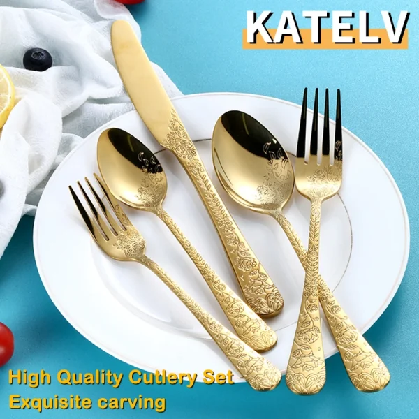 Hohe Qualität Besteck Set Griff Exquisite carving Edelstahl Goldene Geschirr Messer Gabel Löffel Besteck Set Besteck Set