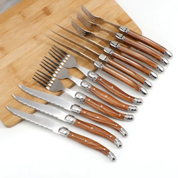 Jaswehome 6 Stück Holzmaserung Griff Steak Messer Gabel Sammlung Westlichen Lebensmittel Messer und Gabel Set Edelstahl Besteck Utensilien – Bild 5