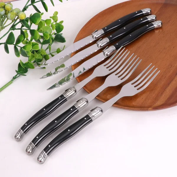 Set Von 6 Edelstahl Steak Messer Und Gabeln Full Tang Laguiole Stahl Besteck Abendessen Set Mit Schwarz ABS Griff geschirre – Bild 2