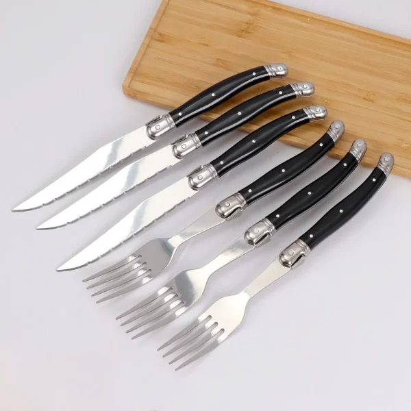 Set Von 6 Edelstahl Steak Messer Und Gabeln Full Tang Laguiole Stahl Besteck Abendessen Set Mit Schwarz ABS Griff geschirre – Bild 3