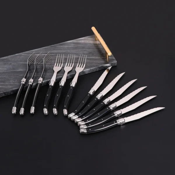 Set Von 6 Edelstahl Steak Messer Und Gabeln Full Tang Laguiole Stahl Besteck Abendessen Set Mit Schwarz ABS Griff geschirre – Bild 5