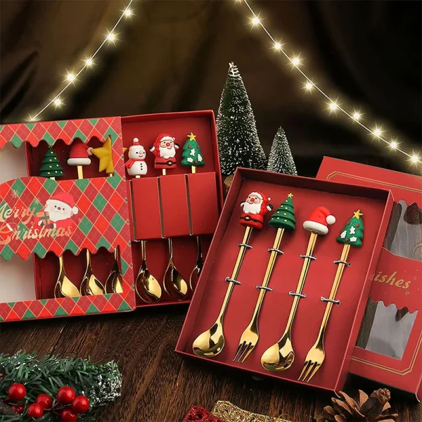 Weihnachten Party Gabel Löffel Kits 2/4/6pcs Weihnachten Edelstahl kreative Geschirr Set Gold Löffel Gabeln Dekoration Besteck Geschenk – Bild 2