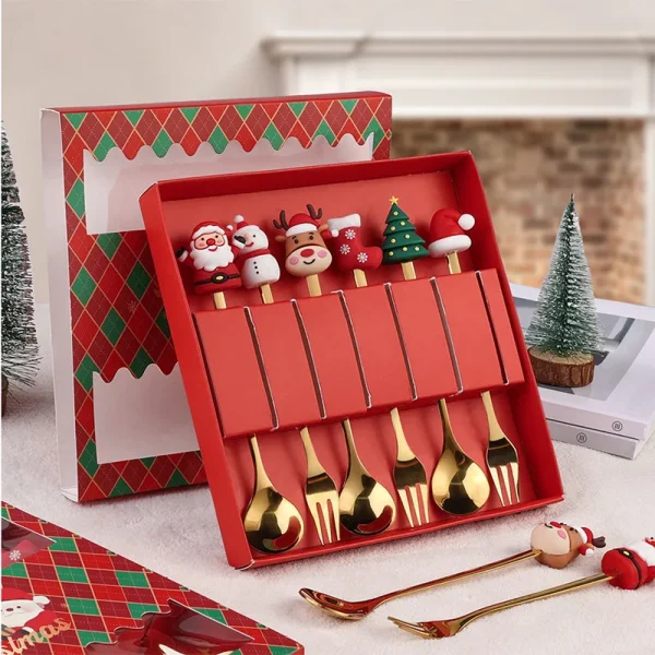 Weihnachten Party Gabel Löffel Kits 2/4/6pcs Weihnachten Edelstahl kreative Geschirr Set Gold Löffel Gabeln Dekoration Besteck Geschenk