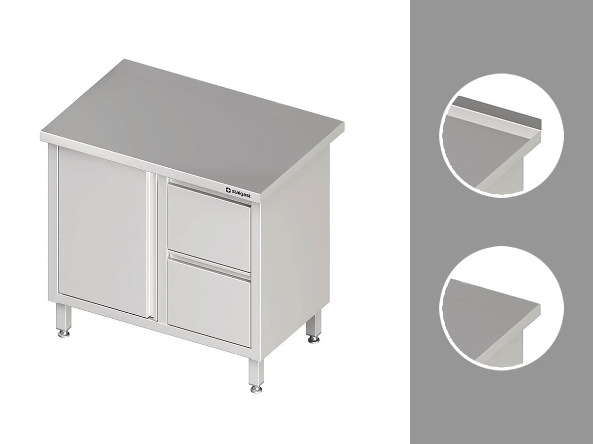 Arbeitsschrank PROFI Edelstahl mit Flügeltür und 2er Schubladenblock Links, ohne Aufkantung, Bautiefe 700 mm, BTH 900 x 700 x 850 mm