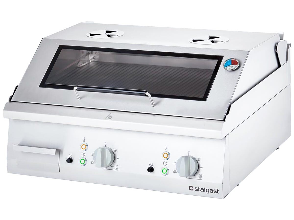 Stalgast Serie 700 ND Elektro Grillplatte mit Haube, gerillte Grillfläche, Auftischgerät, 400V 8,1kW, BTH 800 x 700 x 430 mm