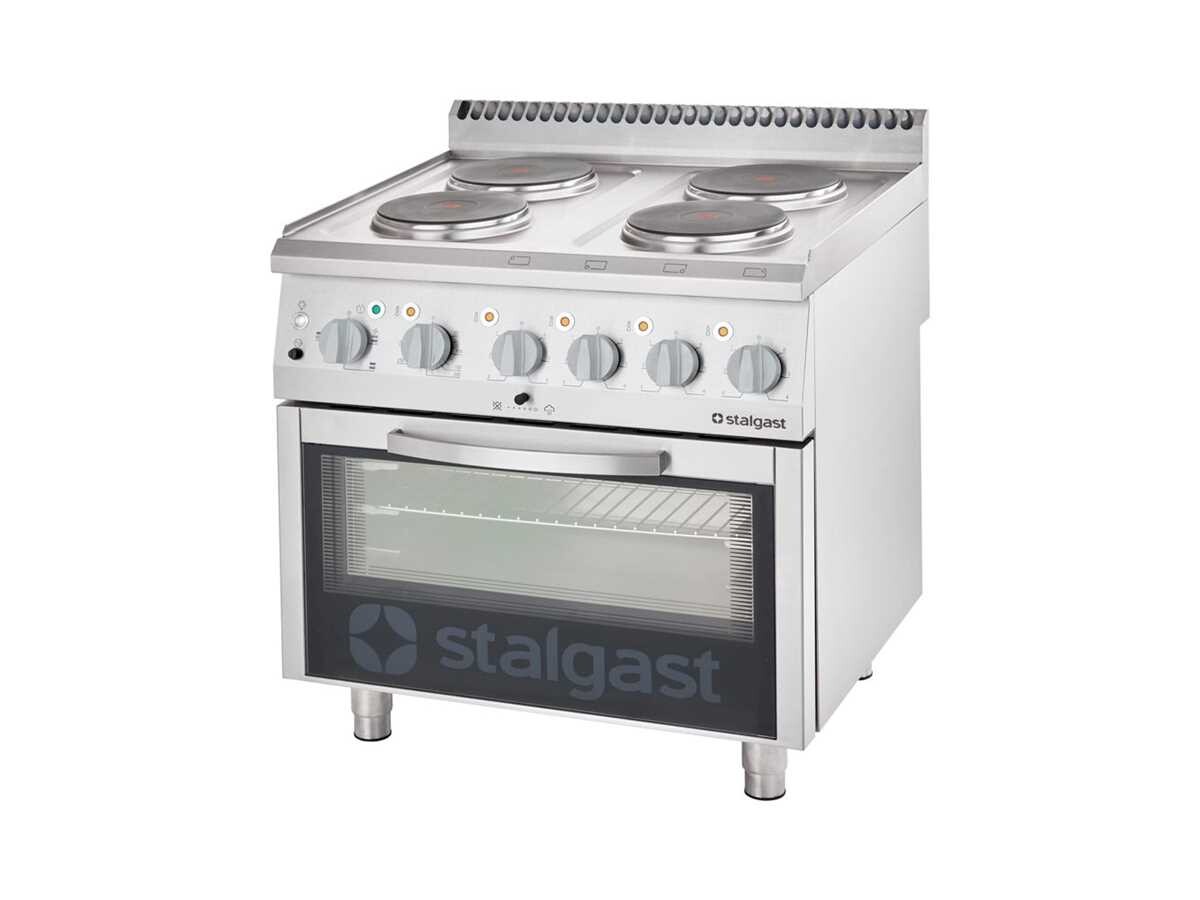 Stalgast Serie 700 ND Elektro-Herd mit Backofen, 4 Kochplatten Ø 220 mm, 10,4 kW+7 kW, Standgerät, BTH 800 x 700 x 850 mm