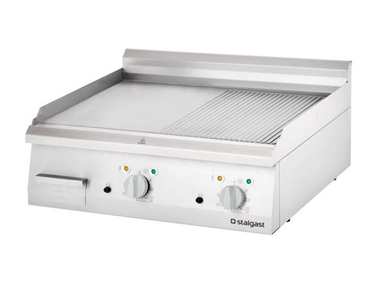 Stalgast Serie 700 ND Elektro Grillplatte, 1/2 glatt 1/2 gerillt, Auftischgerät, 400V 8,1kW, BTH 800 x 700 x 250 mm