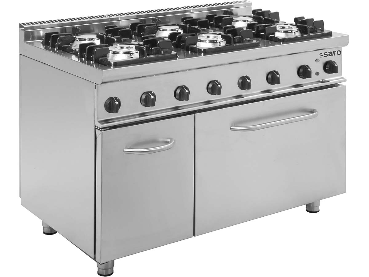 Saro 700er Profi Kochlinie E7/KUPG6LE, Gasherd 6 Brenner mit Elektrobackofen, 400V/ 36 kW, BTH 1200 x 700 x 850 mm