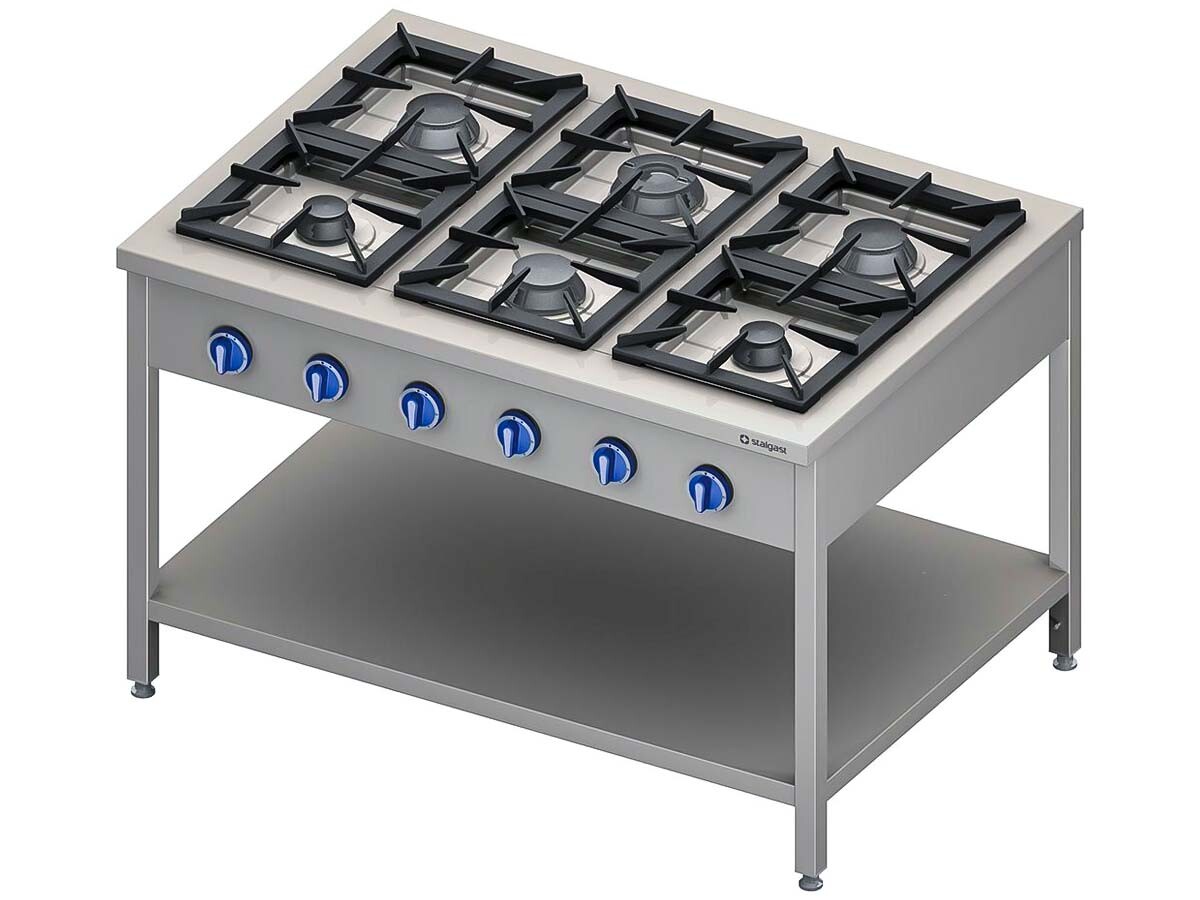 Stalgast Serie 900 Gasherd, 6-Brenner, 32,5 kW, G20, Pilotflamme, BTH 1300 x 900 x 850 mm