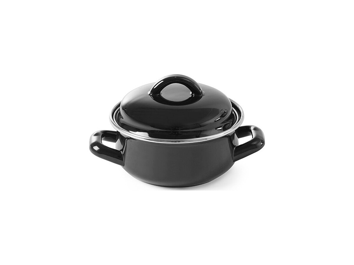 HENDI Suppentöpfchen, 0,65 Liter, Emailliert, mit niedrigem Deckel, schwarz